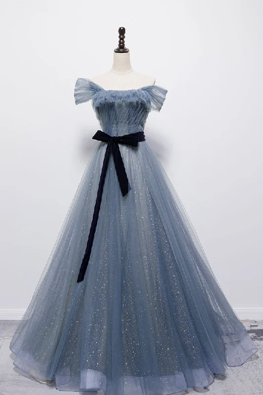 Blue Off the Shoulder Tulle Long Corset Prom Dress with Sash, Sparkly Corset Formal Gown outfit