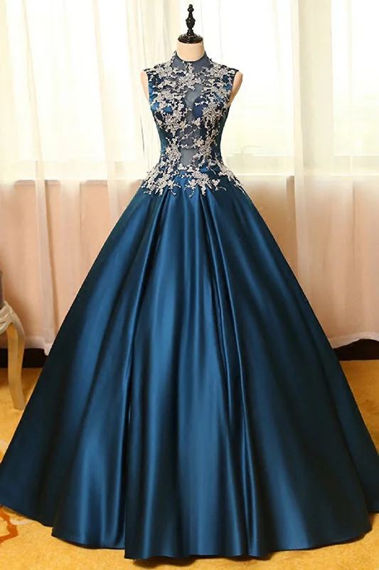 Blue Dreses Satins Lace Applique A Line Long Corset Prom Dresses outfit