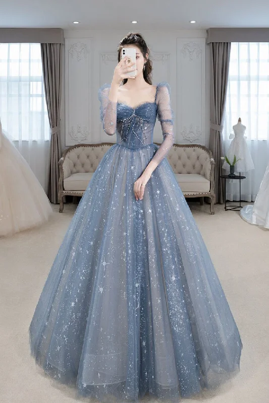 Blue Sparkly Tulle Corset Prom Dress with Long Sleeves, New Style Long Dress with Beading outfit