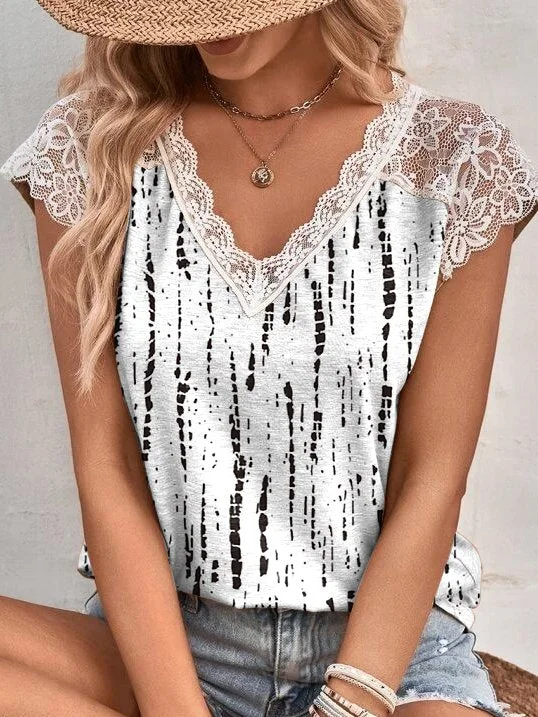 Casual Loose V Neck Lace Edge T-Shirt CC24