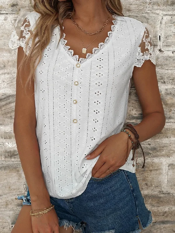 Women's Eyelet Tops Plain Hollow Out Tops Casual V Neck Linen Lace Breathable T-Shirt Buttoned White Casual T-Shirt  cc202