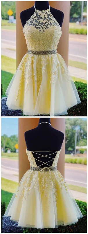 Charming A-Line Halter Cross Back Yellow Tulle Short with Appliques Corset Homecoming Dresses outfit