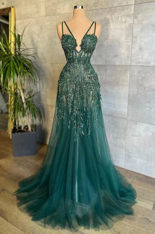 Charming Dark Green Tulle Long Evening Dress Sweetheart Sleeveless Corset Formal Corset Prom Dress outfits