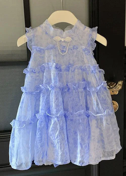 Chic Blue Stand Collar Ruffled Lace Up Chiffon Girls Dresses Sleeveless EW056