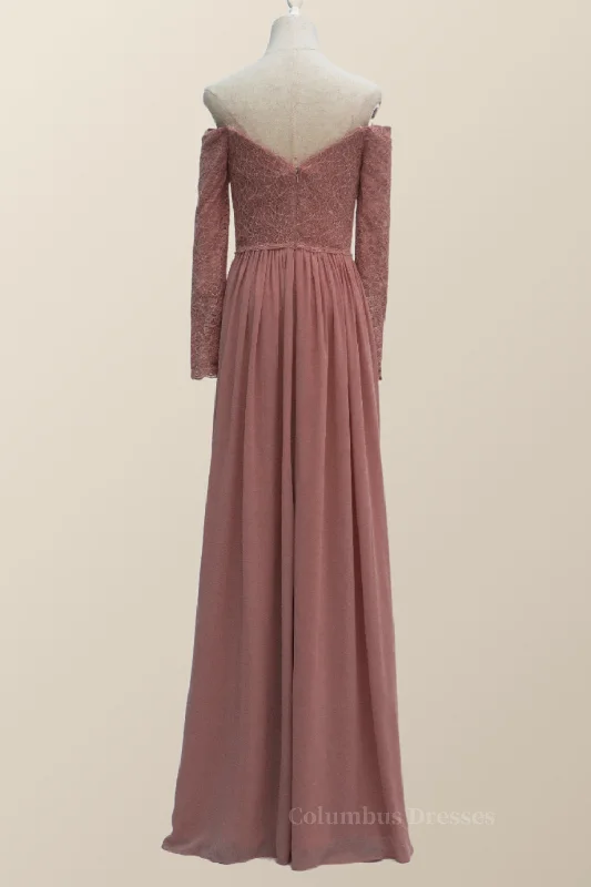 Dusty Rose Lace Long Sleeves Long Bridesmaid Dress