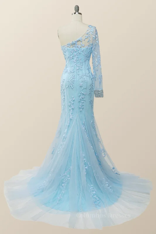 Elegant One Sleeve Light Blue Lace Mermaid Long Formal Dress