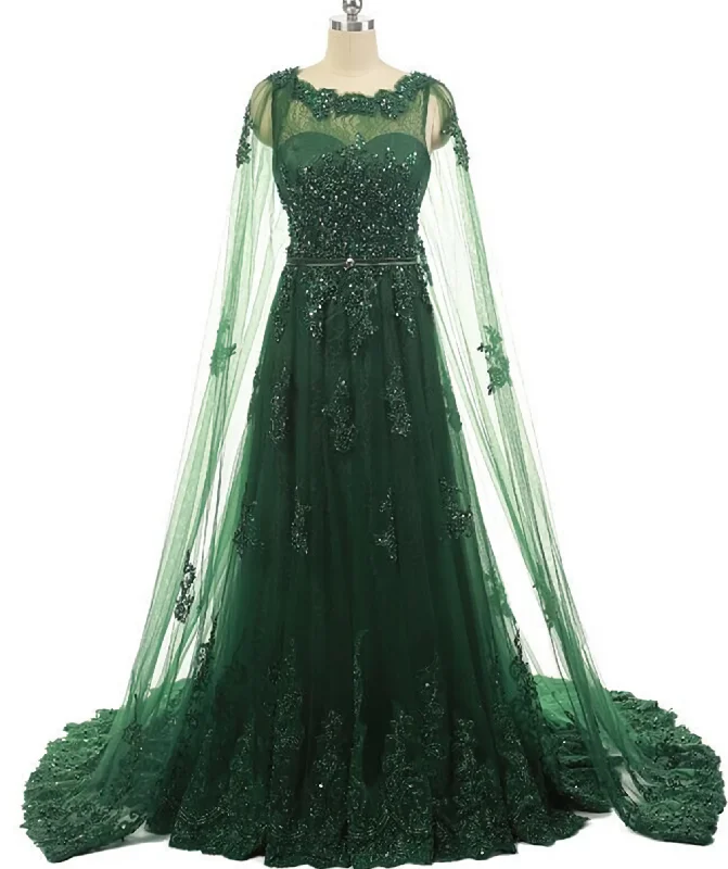 Elegant Women Beaded Lace With Long Appliques Tulle Cape Emerald Green Evening Dresses outfit