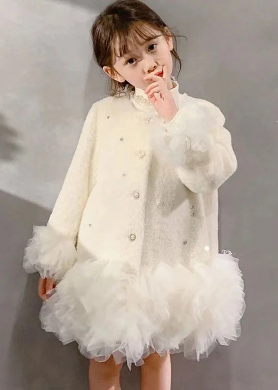 Fashion White O-Neck Button Tulle Patchwork Girls Mid Dresses Winter WL021