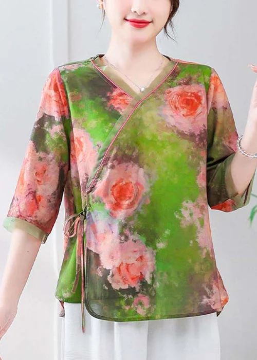 Green Lace Up Linen Blouses V Neck Summer RE051