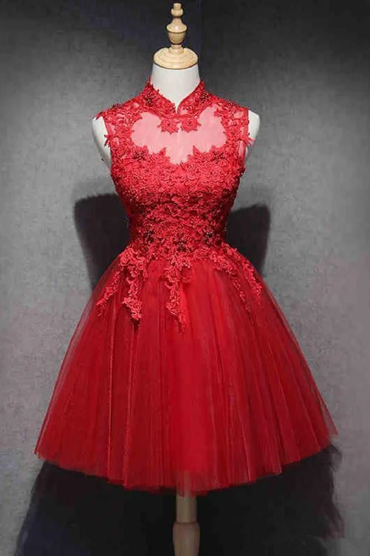 High Neck Red Lace Short Corset Prom Dress,Corset Homecoming Dresses,Red Corset Formal Graduation Evening Dress outfit