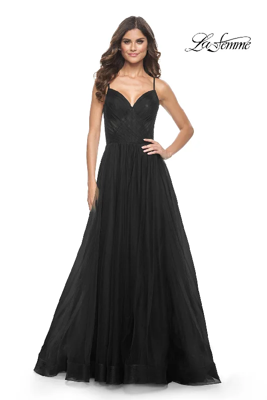 La Femme 32130 V-Neck Neckline Zipper Back Pleating Tulle A-Line Evening Dress