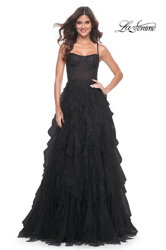 La Femme 32233 Square Neckline Zipper Back Tiered Hot Stone/Fishnet Tulle A-Line Evening Dress