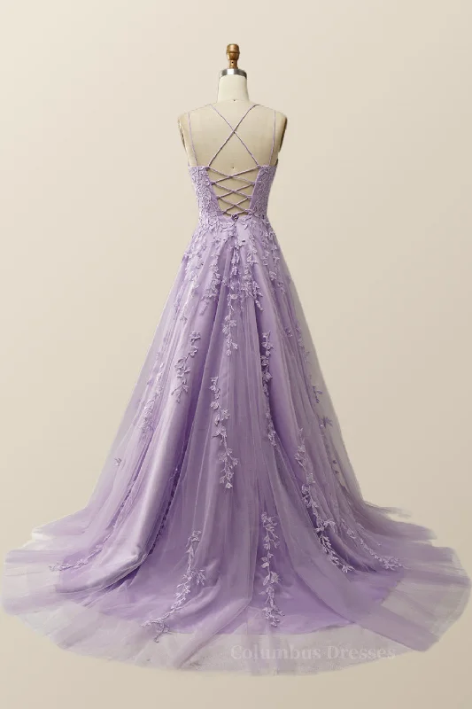 Lavender Lace Appliques A-line Long Formal Dress