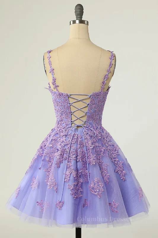 Lavender Lace Appliques Princess A-line Short Prom Dress