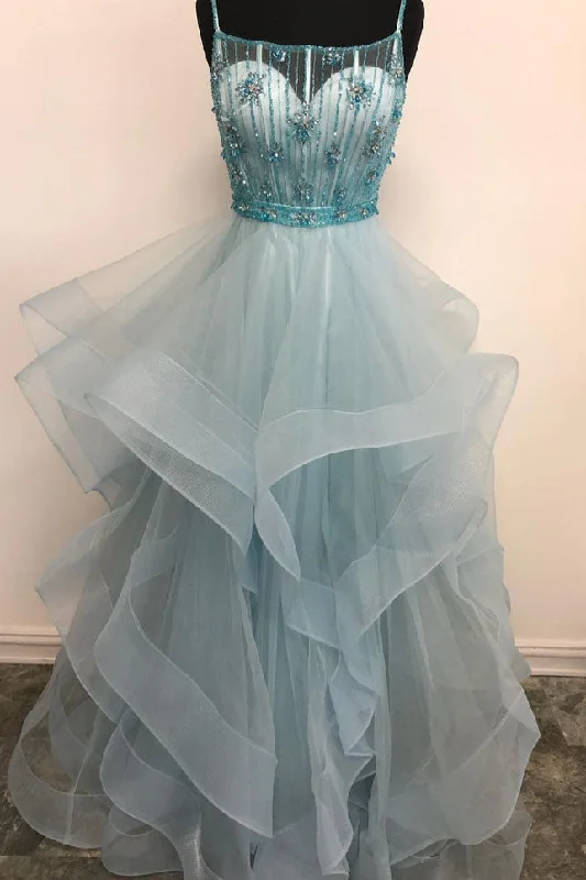 Light Green Spaghetti Straps Tulle Corset Prom Dress with Beading Crystal outfit