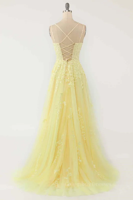 Light Yellow A-line Scoop Neckline Embroidered Tulle Long Prom Dress