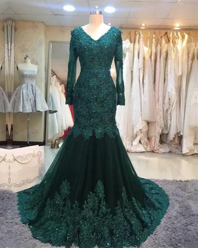 Long Sleeves V-neck Lace Corset Prom Mermaid Dresses,Women Evening Dress outfit