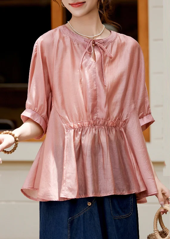 Loose Pink O-Neck Patchwork Wrinkled Lace Tie Silk Shirt Summer WW054