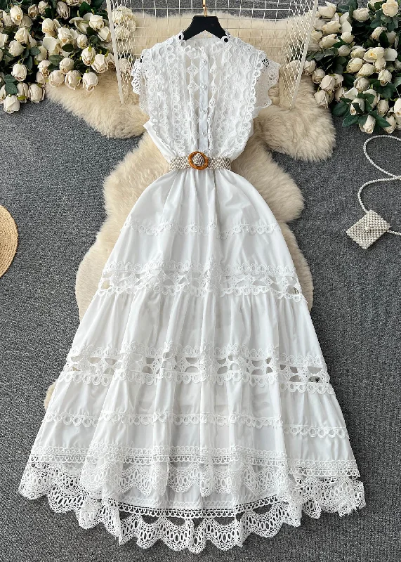 New White Lace Hollow Out Cotton Dress Sleeveless TR032