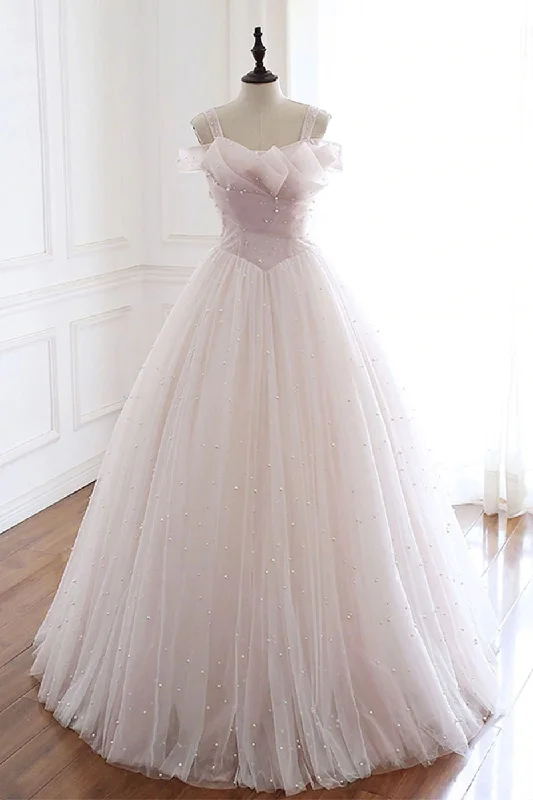 Pearl Pink Straps A Line Tulle Long Corset Prom Dress with Pearls, Long Corset Formal Gown outfit