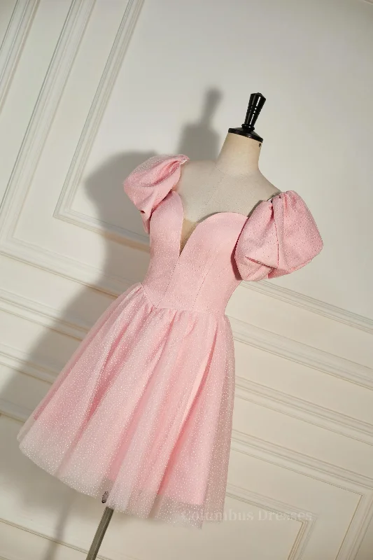 Pink Plunging V Neck Dot Lace-Up A-line Homecoming Dress