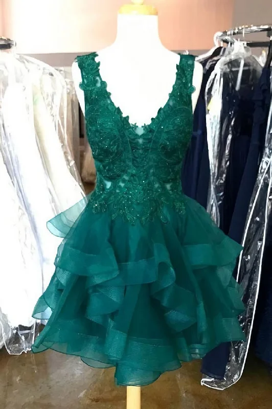 Princess Lace Appliques Dark Green Corset Homecoming Dress with Flounced,Short Corset Prom Dresses outfit