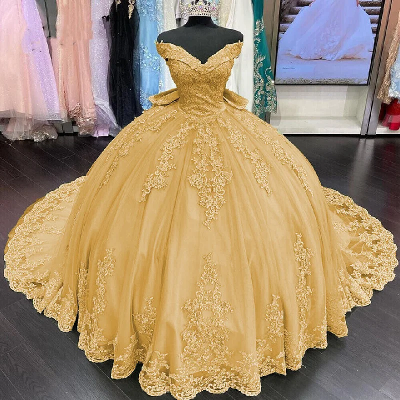 Princess Lace Off Shoulder Gold Quinceanera Dresses Applique With Bow outfit