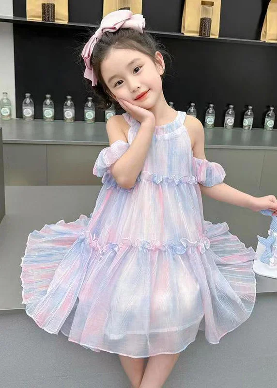 Purple Lace Up Chiffon Summer Kids Girls Dresses Ruffled EW063