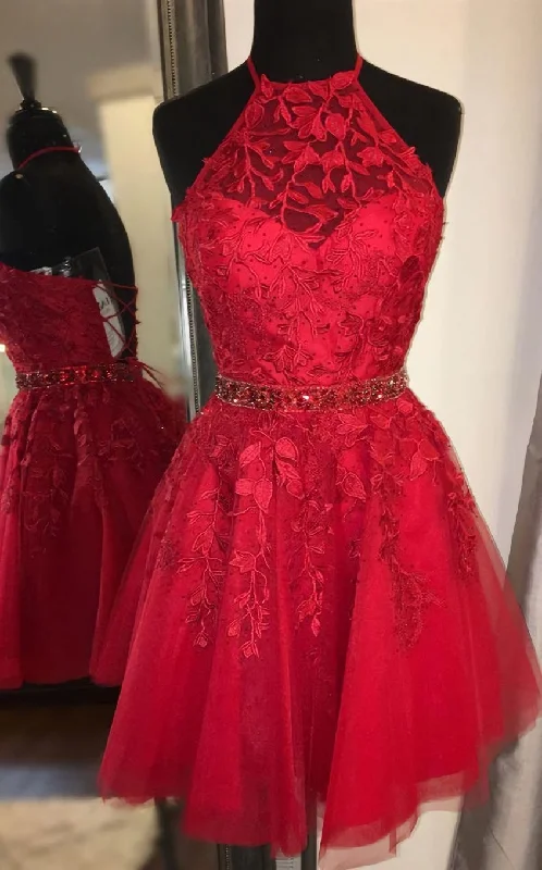 Red Short Corset Homecoming Dresses,Corset Formal Lace Hoco Dress with Beading outfit