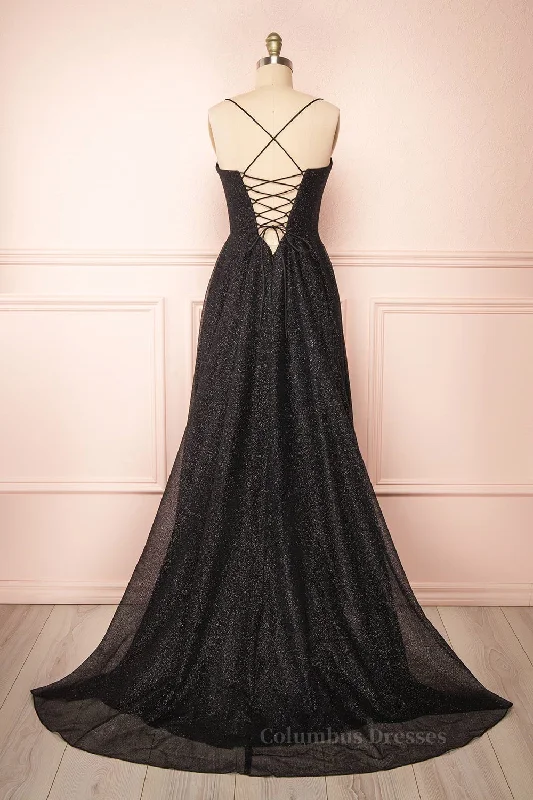 Sparkly Black Lace-Up A-line Sweetheart Long Prom Dress