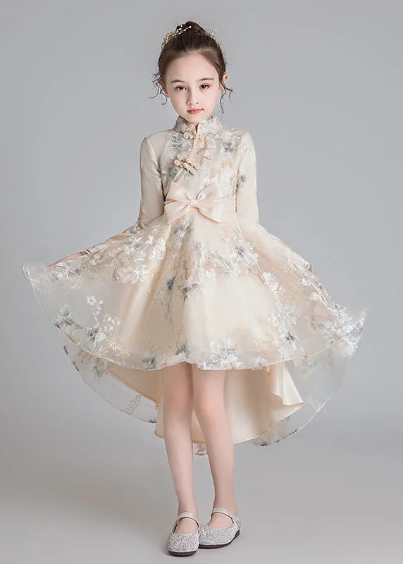 Stylish Champagne Stand Collar Embroideried Low High Design Tulle Girls Long Dresses Fall QV002