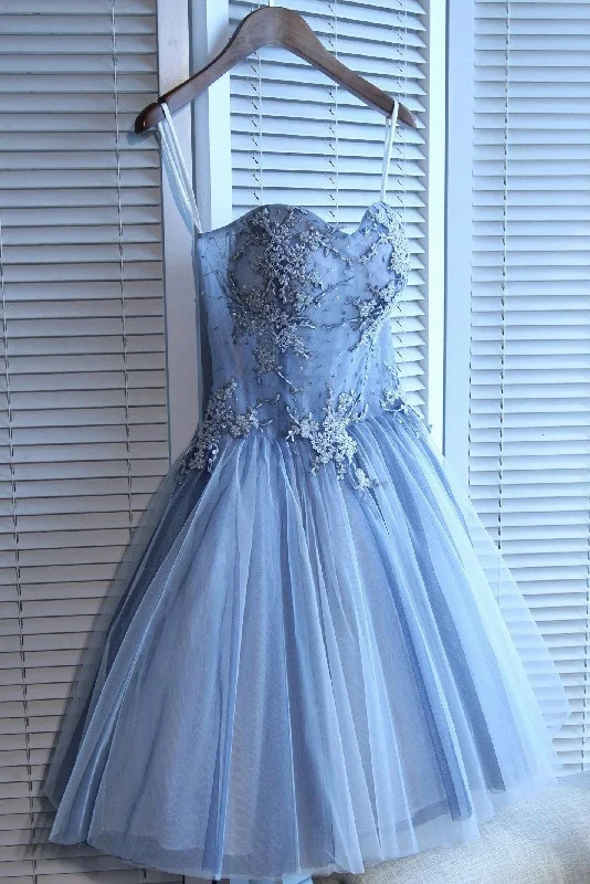 Sweetheart Strapless Corset Homecoming Dresses, Beads Blue Lace Up Tulle Short Corset Prom Dresses outfit