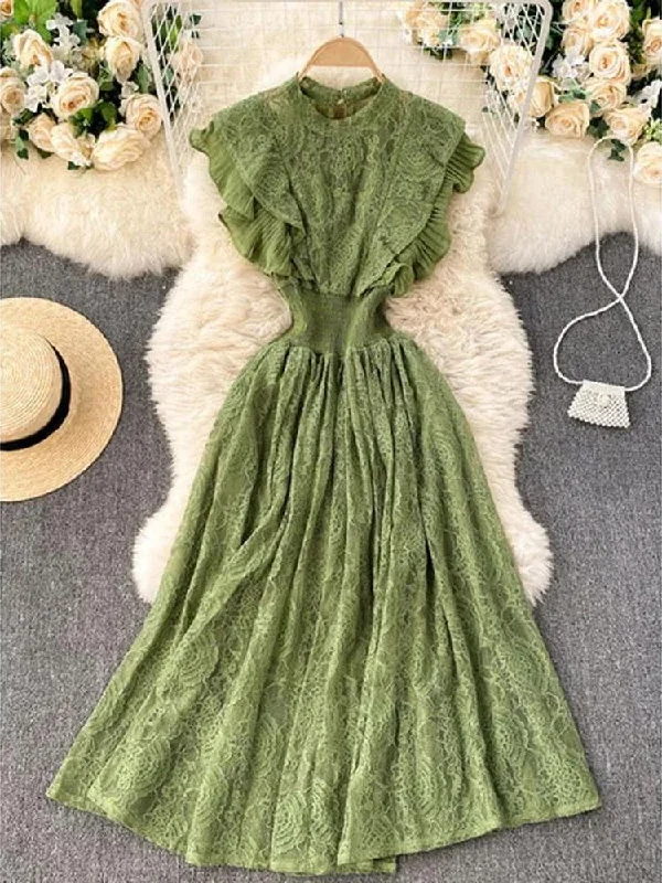 Temperament Olive Lace Ruffled Pleated Hem Flying Sleeve Dress AR1002