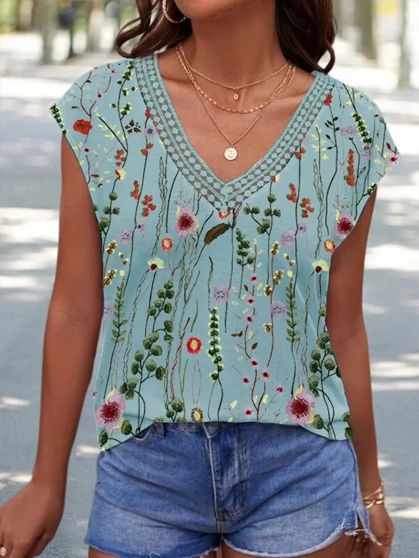 Casual Lace Edge Floral V Neck T-Shirt CC23