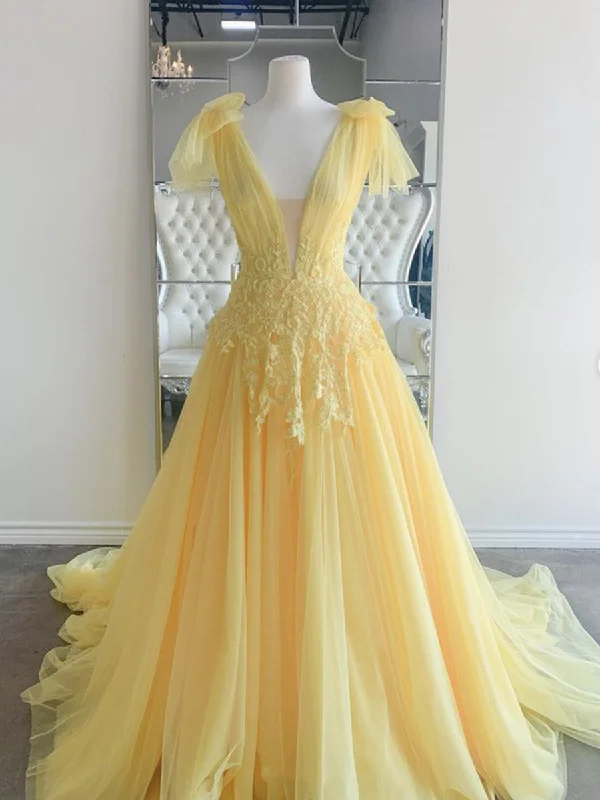 Yellow Long A-line V Neck Lace Tulle Backless Corset Formal Graduation Corset Prom Dresses outfit