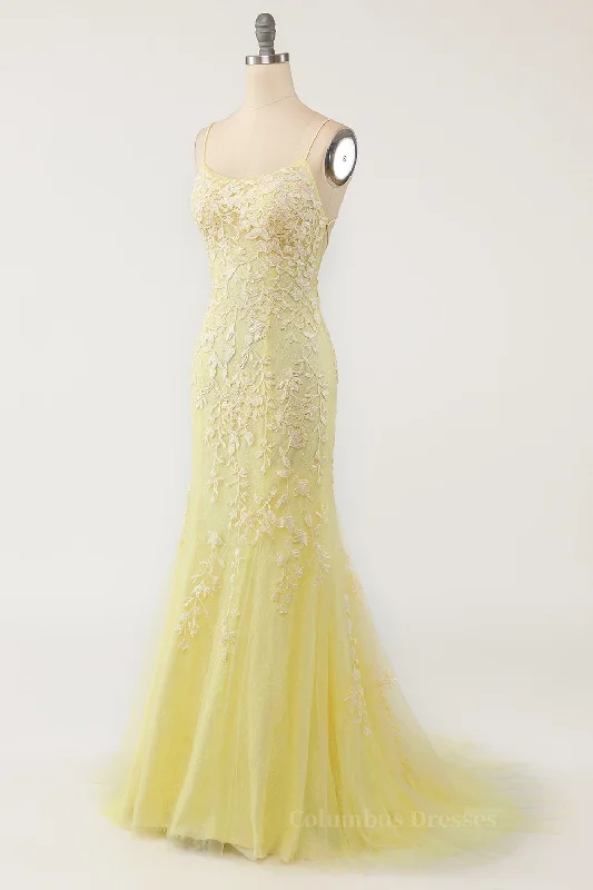 Yellow Mermaid Lace Appliques Long Formal Dress