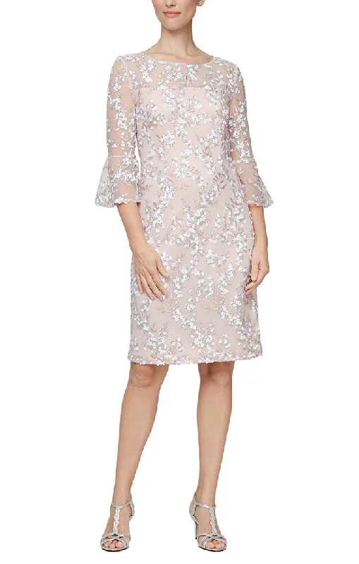 Embroidered Sequin Lace Sheath Dress with Illusion Neckline & 3/4 Bell Sleeves