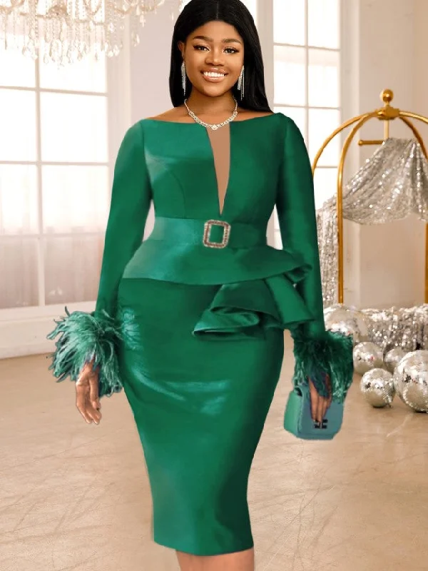 AOMEIDRESS Green Bodycon Dress V-neck Patchwork Feather Long Sleeve