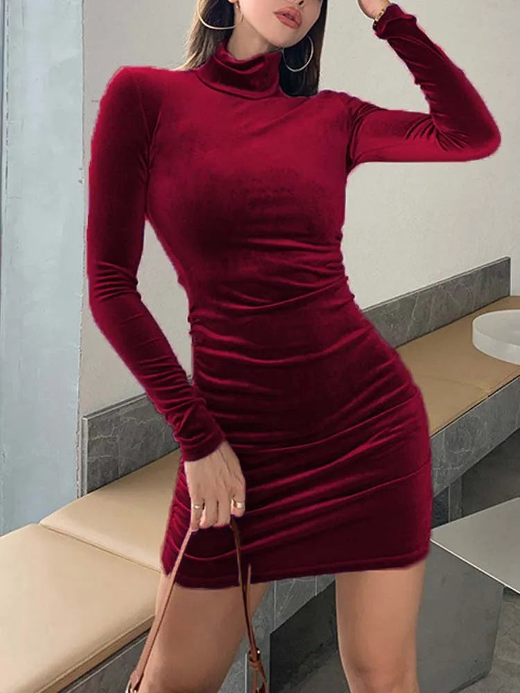 2024 Slim Velvet Long Sleeve Party Turtleneck Bodycon Dress