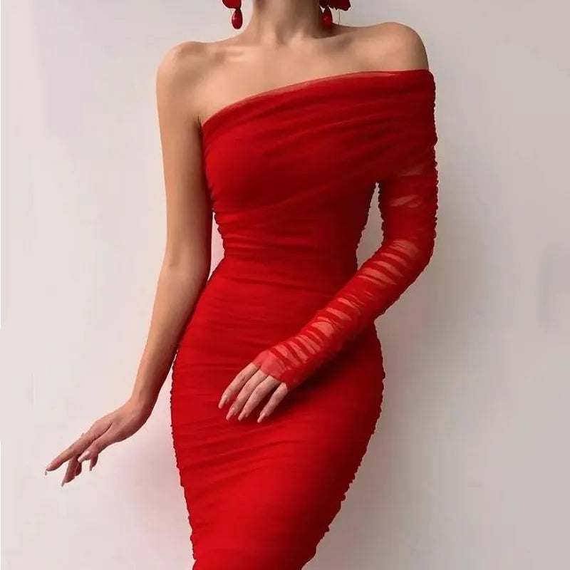 2024 Sexy Diagonal Collar Mesh Sleeve Solid Party Bodycon Dress