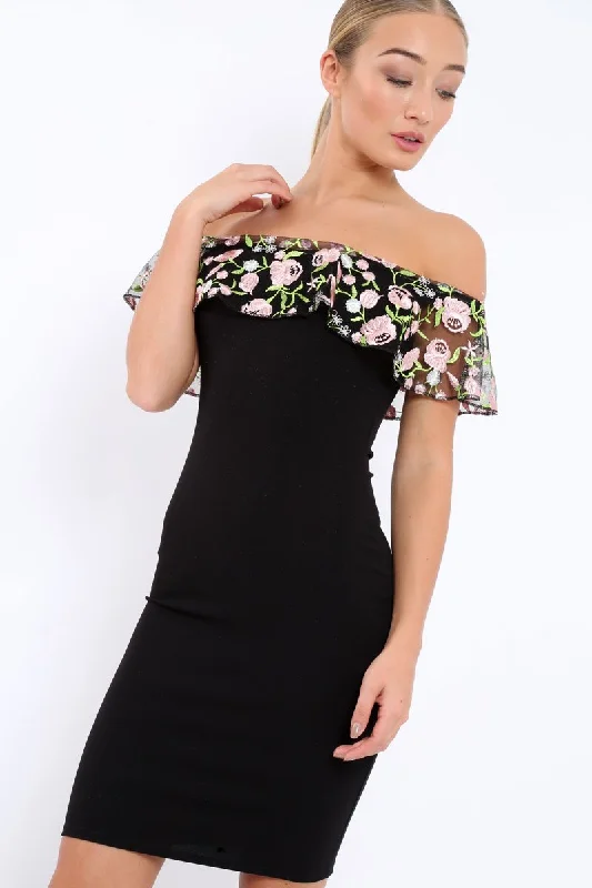 Black Embroidered Bardot Bodycon Dress - Jaxie