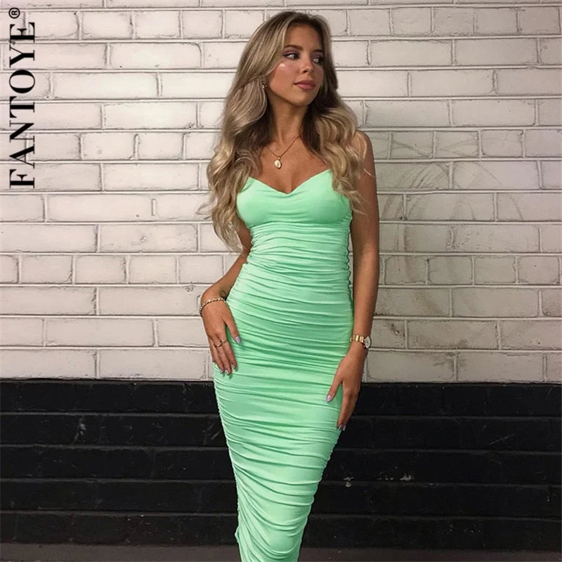 FANTOYE Elegant Mint Ruched Women's Party Dress 2019 New Sexy Backless Bodycon Dress Femme Double Layer Pleated Dresses Vestidos