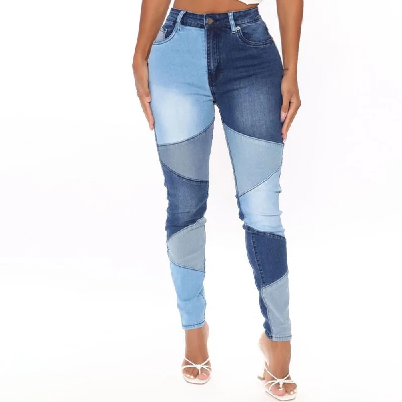 Women Splicing Jeans Slim Casual Tight High Waist Denim Trousers for Daily Life