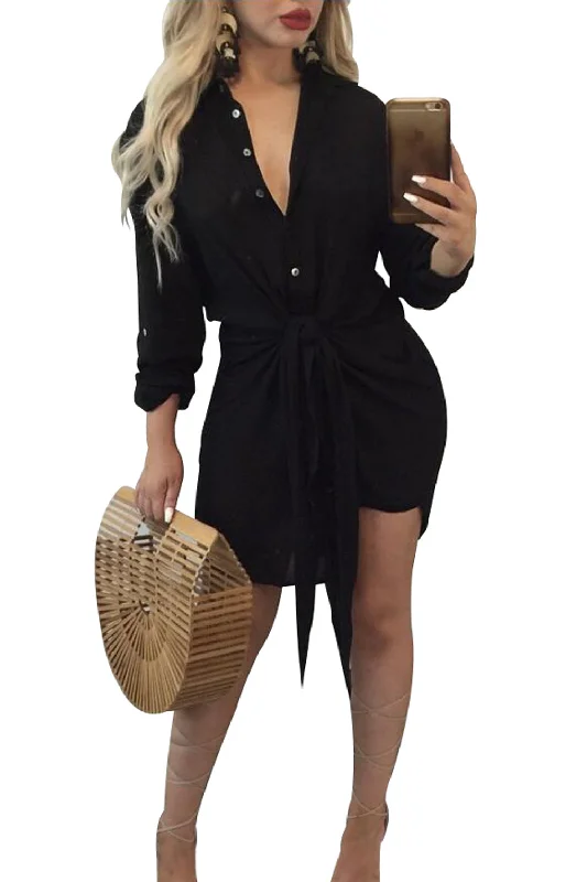 Sexy Black Knot Tie Accent Button Down Shirtdress