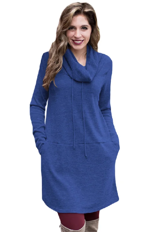 Sexy Blue Drawstring Cowl Neck Sweatshirt Dress