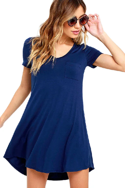 Sexy Blue Trendy Sweetheart Neck Pocket Shirt Dress