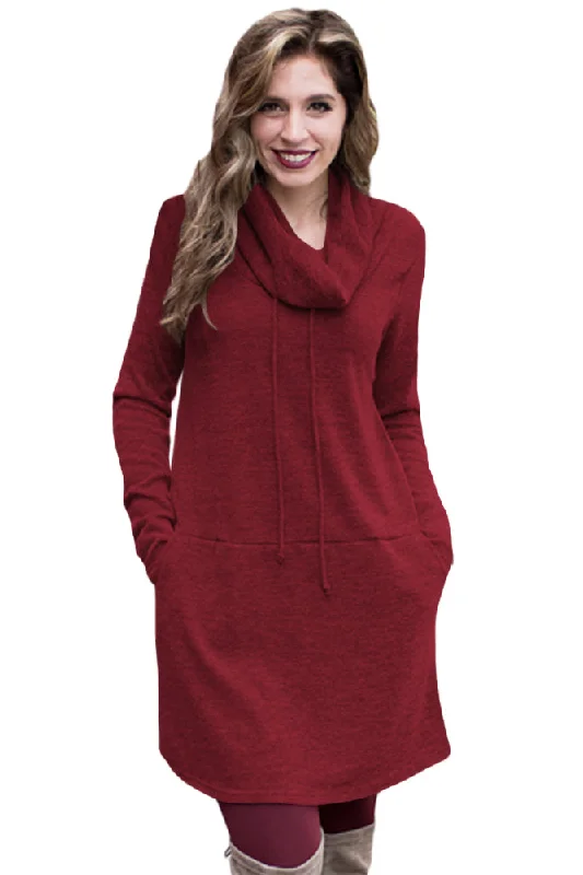 Sexy Burgundy Drawstring Cowl Neck Sweatshirt Dress