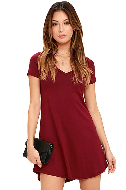 Sexy Burgundy Trendy Sweetheart Neck Pocket Shirt Dress