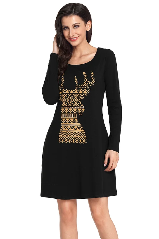 Sexy Geometric Snowflake Reindeer Black Christmas T-shirt Dress