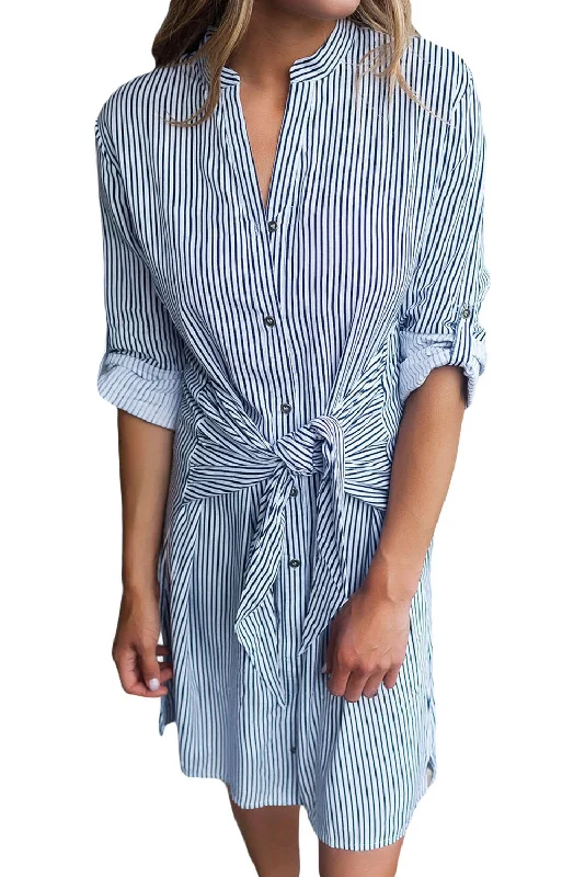 Navy Striped Tie Waist Button Down Shirt Dress